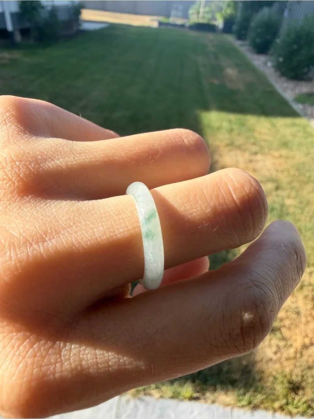 Natural Type A Burmese Icy Jadeite Solid Band Ring with Floating Green Flower